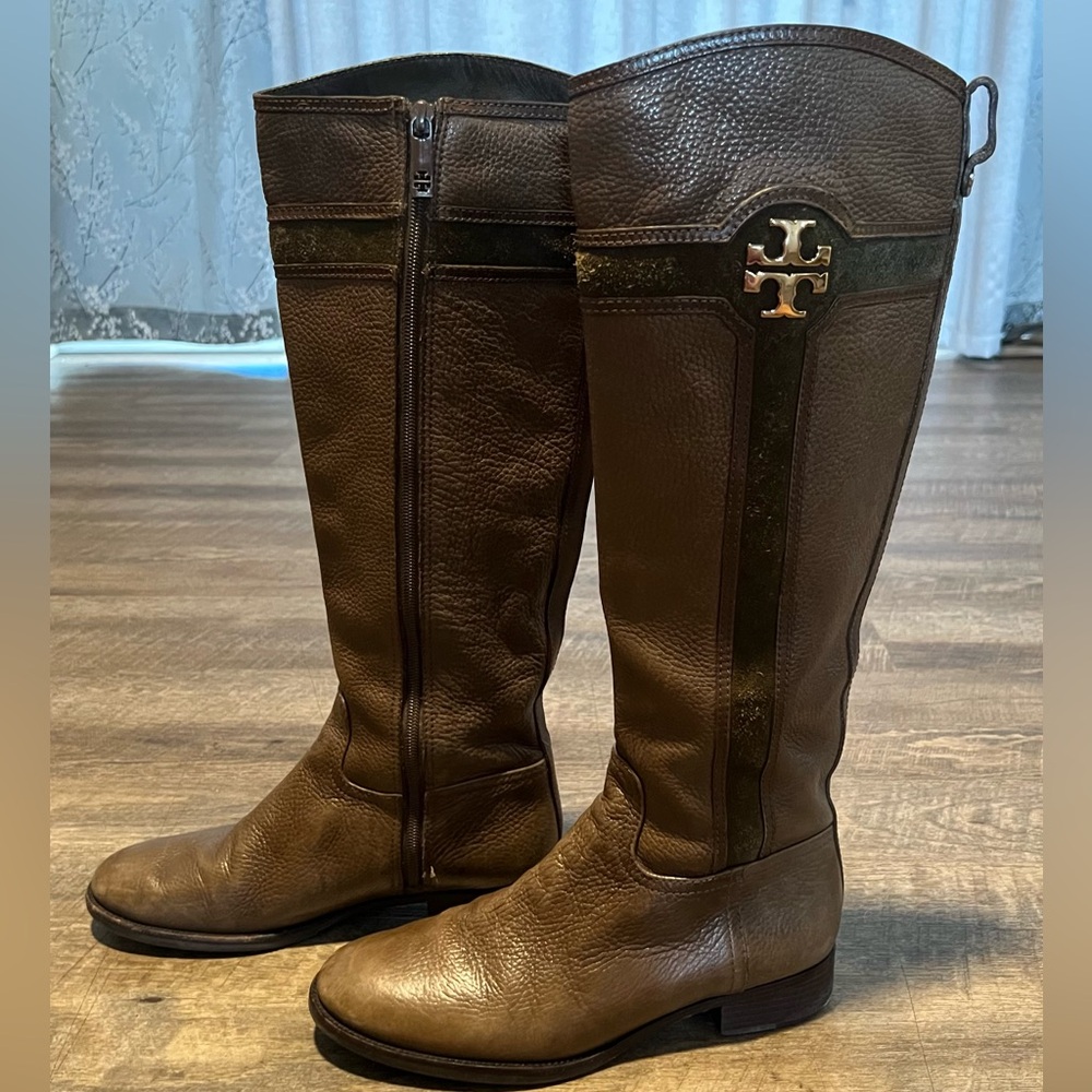 Tory Burch Alaina Brown Leather Riding Boots with Suede Accents
